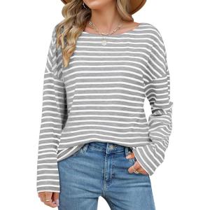 imageOFEEFAN Womens Long Sleeve Tops 2024 Striped Shirt Women Drop Shoulder Boat Neck Tops Loose Fit Casual ShirtsGray White Stripe