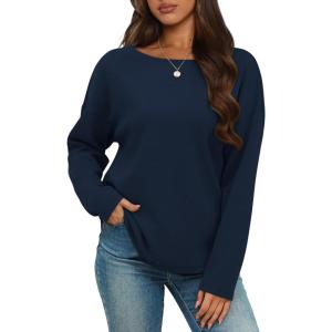 imageOFEEFAN Womens Long Sleeve Tops 2024 Striped Shirt Women Drop Shoulder Boat Neck Tops Loose Fit Casual ShirtsNavy Blue