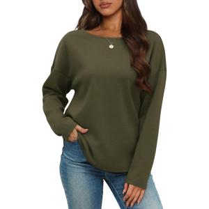 imageOFEEFAN Womens Long Sleeve Tops 2024 Striped Shirt Women Drop Shoulder Boat Neck Tops Loose Fit Casual ShirtsOlive Green