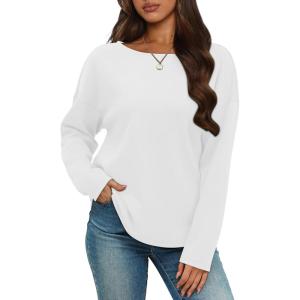 imageOFEEFAN Womens Long Sleeve Tops 2024 Striped Shirt Women Drop Shoulder Boat Neck Tops Loose Fit Casual ShirtsWhite