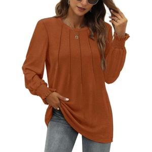 imageOFEEFAN Womens Tunic Tops Ruffle Sleeve Shirts Pleated Front Blouses Fall Travel Outfits S3XLA02caramel