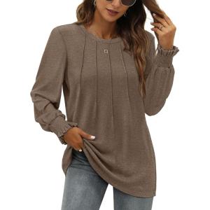 imageOFEEFAN Womens Tunic Tops Ruffle Sleeve Shirts Pleated Front Blouses Fall Travel Outfits S3XLA03coffee