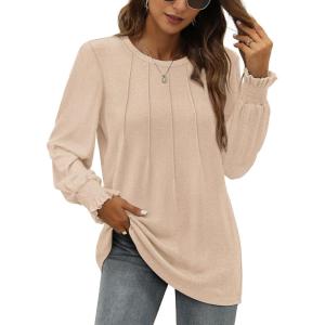 imageOFEEFAN Womens Tunic Tops Ruffle Sleeve Shirts Pleated Front Blouses Fall Travel Outfits S3XLA04khaki