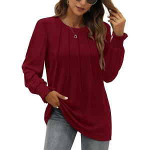 imageOFEEFAN Womens Tunic Tops Ruffle Sleeve Shirts Pleated Front Blouses Fall Travel Outfits S3XLA07burgundy
