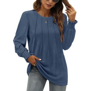 imageOFEEFAN Womens Tunic Tops Ruffle Sleeve Shirts Pleated Front Blouses Fall Travel Outfits S3XLA08blue