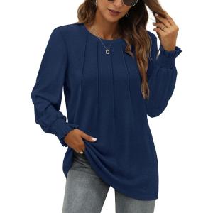 imageOFEEFAN Womens Tunic Tops Ruffle Sleeve Shirts Pleated Front Blouses Fall Travel Outfits S3XLA09navy