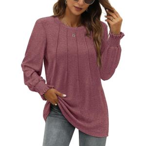 imageOFEEFAN Womens Tunic Tops Ruffle Sleeve Shirts Pleated Front Blouses Fall Travel Outfits S3XLA11maroon
