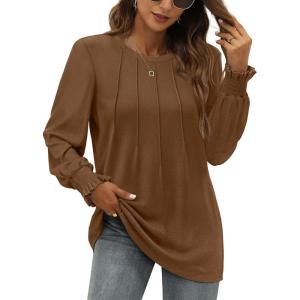 imageOFEEFAN Womens Tunic Tops Ruffle Sleeve Shirts Pleated Front Blouses Fall Travel Outfits S3XLA16brown
