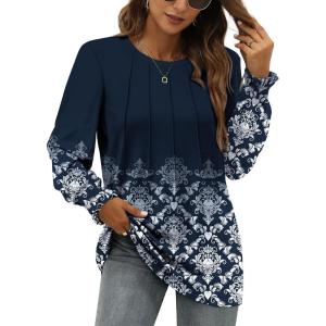 imageOFEEFAN Womens Tunic Tops Ruffle Sleeve Shirts Pleated Front Blouses Fall Travel Outfits S3XLZ01floral Navy