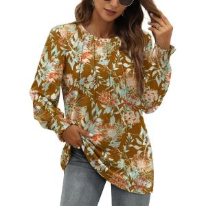 imageOFEEFAN Womens Tunic Tops Ruffle Sleeve Shirts Pleated Front Blouses Fall Travel Outfits S3XLZ02floral Yellow