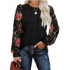 imageOFEEFAN Long Sleeve Shirts for Women Swiss Dot Puff Sleeve Pleated Fall Tunic Tops Crew Neck Dressy Casual BlousesZfloral Black