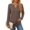 imageOFEEFAN Long Sleeve Shirts for Women V Neck Dressy Casual Blouses Trendy Fall Outfits Loose Fit Tunic Tops Curved HemCoffee
