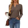 imageOFEEFAN Long Sleeve Shirts for Women V Neck Dressy Casual Blouses Trendy Fall Outfits Loose Fit Tunic Tops Curved HemCoffee