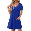 imageOFEEFAN Summer Dresses for Women 2025 Loose V Neck Short Sleeve Casual T Shirt Dress Sundresses Swimsuit Coverup with PocketsA Bright Blue