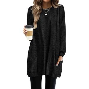 imageOFEEFAN Long Sleeve Shirts for Women Long Sweaters with Pockets Tunic Tops Loose FitA Black