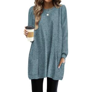 imageOFEEFAN Long Sleeve Shirts for Women Long Sweaters with Pockets Tunic Tops Loose FitB Blue