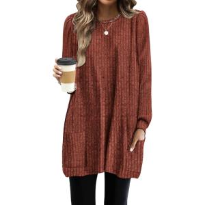 imageOFEEFAN Long Sleeve Shirts for Women Long Sweaters with Pockets Tunic Tops Loose FitB Caramel