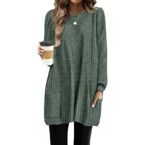 imageOFEEFAN Long Sleeve Shirts for Women Long Sweaters with Pockets Tunic Tops Loose FitB Green