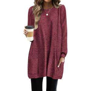 imageOFEEFAN Long Sleeve Shirts for Women Long Sweaters with Pockets Tunic Tops Loose FitB Maroon