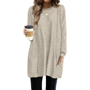 imageOFEEFAN Long Sleeve Shirts for Women Long Sweaters with Pockets Tunic Tops Loose FitBeige