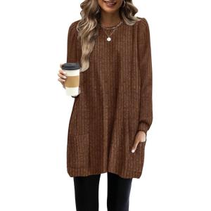 imageOFEEFAN Long Sleeve Shirts for Women Long Sweaters with Pockets Tunic Tops Loose FitBrown