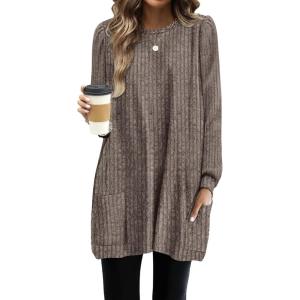 imageOFEEFAN Long Sleeve Shirts for Women Long Sweaters with Pockets Tunic Tops Loose FitCoffee