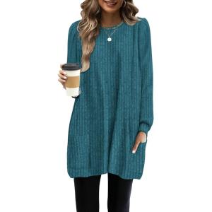 imageOFEEFAN Long Sleeve Shirts for Women Long Sweaters with Pockets Tunic Tops Loose FitMarine Blue
