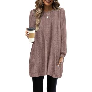 imageOFEEFAN Long Sleeve Shirts for Women Long Sweaters with Pockets Tunic Tops Loose FitRosy Brown