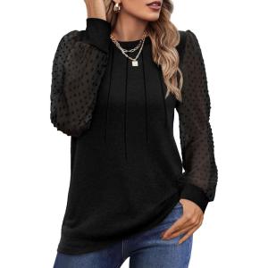 imageOFEEFAN Long Sleeve Shirts for Women Swiss Dot Puff Sleeve Pleated Fall Tunic Tops Crew Neck Dressy Casual BlousesAblack