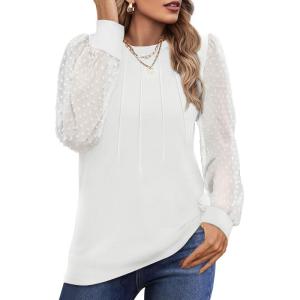 imageOFEEFAN Long Sleeve Shirts for Women Swiss Dot Puff Sleeve Pleated Fall Tunic Tops Crew Neck Dressy Casual BlousesBoff White