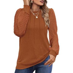 imageOFEEFAN Long Sleeve Shirts for Women Swiss Dot Puff Sleeve Pleated Fall Tunic Tops Crew Neck Dressy Casual BlousesCcaramel