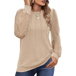 imageOFEEFAN Long Sleeve Shirts for Women Swiss Dot Puff Sleeve Pleated Fall Tunic Tops Crew Neck Dressy Casual BlousesDbeige