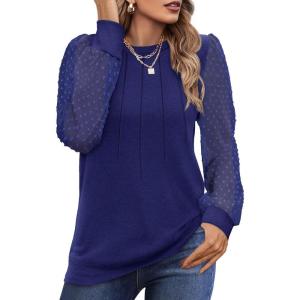 imageOFEEFAN Long Sleeve Shirts for Women Swiss Dot Puff Sleeve Pleated Fall Tunic Tops Crew Neck Dressy Casual BlousesGnavy Blue