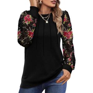 imageOFEEFAN Long Sleeve Shirts for Women Swiss Dot Puff Sleeve Pleated Fall Tunic Tops Crew Neck Dressy Casual BlousesZfloral Black