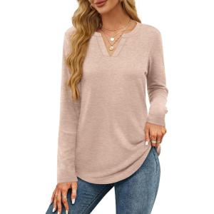 imageOFEEFAN Long Sleeve Shirts for Women V Neck Dressy Casual Blouses Trendy Fall Outfits Loose Fit Tunic Tops Curved HemBeige
