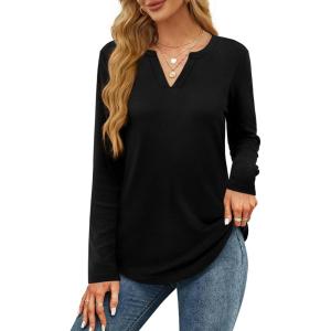 imageOFEEFAN Long Sleeve Shirts for Women V Neck Dressy Casual Blouses Trendy Fall Outfits Loose Fit Tunic Tops Curved HemBlack