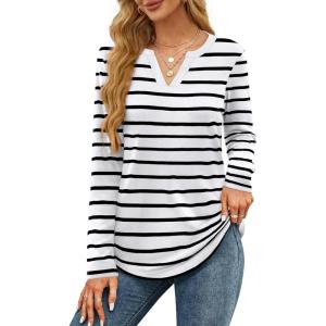 imageOFEEFAN Long Sleeve Shirts for Women V Neck Dressy Casual Blouses Trendy Fall Outfits Loose Fit Tunic Tops Curved HemBlack Stripe