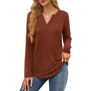 imageOFEEFAN Long Sleeve Shirts for Women V Neck Dressy Casual Blouses Trendy Fall Outfits Loose Fit Tunic Tops Curved HemCaramel
