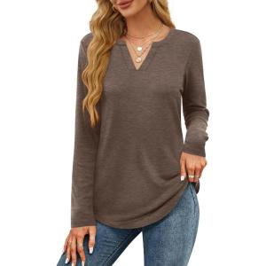 imageOFEEFAN Long Sleeve Shirts for Women V Neck Dressy Casual Blouses Trendy Fall Outfits Loose Fit Tunic Tops Curved HemCoffee