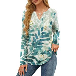 imageOFEEFAN Long Sleeve Shirts for Women V Neck Dressy Casual Blouses Trendy Fall Outfits Loose Fit Tunic Tops Curved HemFloral Leaf