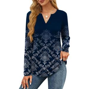 imageOFEEFAN Long Sleeve Shirts for Women V Neck Dressy Casual Blouses Trendy Fall Outfits Loose Fit Tunic Tops Curved HemFloral Navy
