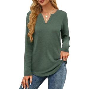 imageOFEEFAN Long Sleeve Shirts for Women V Neck Dressy Casual Blouses Trendy Fall Outfits Loose Fit Tunic Tops Curved HemGreen