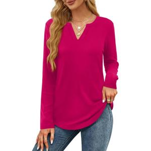 imageOFEEFAN Long Sleeve Shirts for Women V Neck Dressy Casual Blouses Trendy Fall Outfits Loose Fit Tunic Tops Curved HemHot Pink