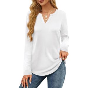 imageOFEEFAN Long Sleeve Shirts for Women V Neck Dressy Casual Blouses Trendy Fall Outfits Loose Fit Tunic Tops Curved HemWhite
