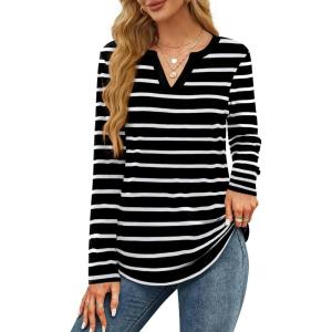 imageOFEEFAN Long Sleeve Shirts for Women V Neck Dressy Casual Blouses Trendy Fall Outfits Loose Fit Tunic Tops Curved HemWhite Stripe