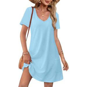 imageOFEEFAN Summer Dresses for Women 2025 Loose V Neck Short Sleeve Casual T Shirt Dress Sundresses Swimsuit Coverup with PocketsA Blue