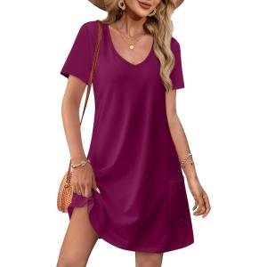 imageOFEEFAN Summer Dresses for Women 2025 Loose V Neck Short Sleeve Casual T Shirt Dress Sundresses Swimsuit Coverup with PocketsA Burgundy