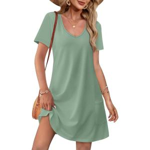 imageOFEEFAN Summer Dresses for Women 2025 Loose V Neck Short Sleeve Casual T Shirt Dress Sundresses Swimsuit Coverup with PocketsA Light Green