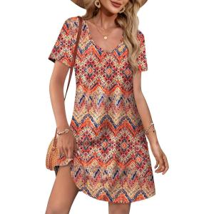 imageOFEEFAN Summer Dresses for Women 2025 Loose V Neck Short Sleeve Casual T Shirt Dress Sundresses Swimsuit Coverup with PocketsFloral 02