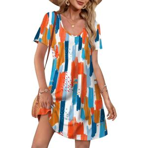 imageOFEEFAN Summer Dresses for Women 2025 Loose V Neck Short Sleeve Casual T Shirt Dress Sundresses Swimsuit Coverup with PocketsFloral 03